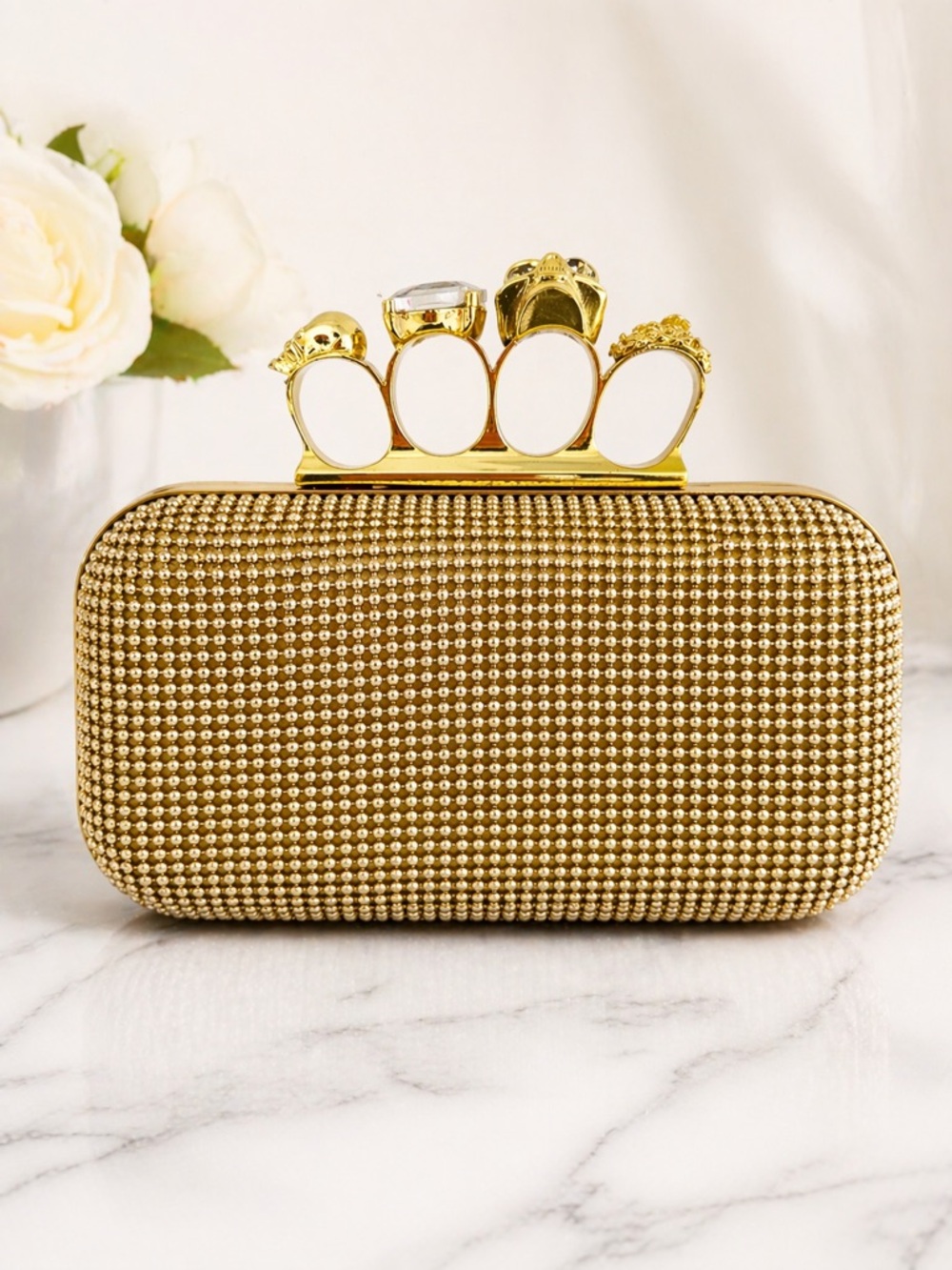 Gold Rhinestone Skull Knuckle Clutch Bag | Statement Evening Bag | NWOT
